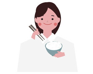 ご飯を食べるスーツの女性。朝食をとるビジネスウーマン。ベクターイラスト