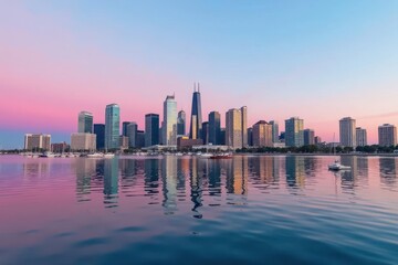 Fototapeta premium San Diego skyline reflected in calm bay waters, boats anchored , urban, reflection