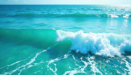 Shimmering turquoise ocean, frothy waves breaking gently, vibrant, background