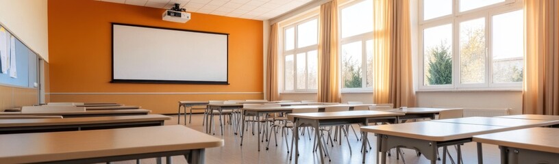 Empty classroom with a projector and desks