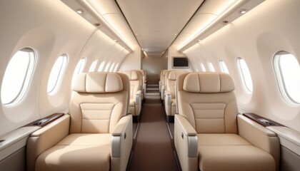 A luxurious aircraft interior showcasing comfortable passenger seating arrangements