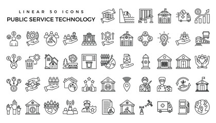 Vector set of thin linear 50 icons, related to public service technology for intelligent urbanism, smart city and urban development. Mono line pictograms and infographics design elements.by kus wandok