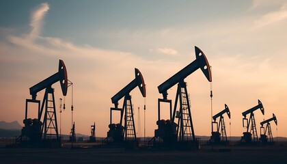 Pump jacks extract oil from the earth at sunset or sunrise