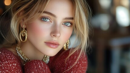 Fototapeta premium Stunning Portrait of a Young Woman with Blonde Hair and Blue Eyes