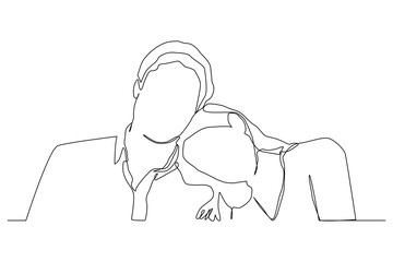 Continuous one line art of the woman lowered her head on the man’s shoulder. hand drawn illustration newlyweds.
