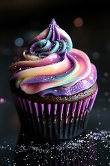 A vibrant, colorful cupcake topped with swirls of frosting and shimmering glitter.