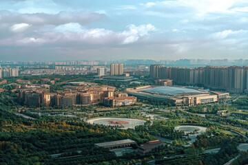 Fototapeta premium Vibrant cityscape featuring expansive shopping malls, residential complexes, and large stadiums under a clear blue sky.