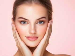 Obraz premium Radiant young woman poses gracefully, highlighting her smooth complexion and striking blue eyes