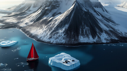 red sailboat next to iceberg