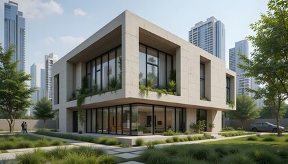 Fototapeta premium Modern architecture with greenery in an urban setting.