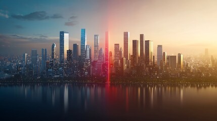 Fototapeta premium Sunrise cityscape skyline reflection.