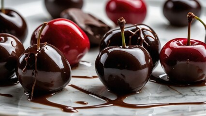 Delicious Chocolate-Covered Cherries Dessert - Sweet Indulgence and Gourmet Snack with Juicy Seasonal Fruit in Close-Up Photography