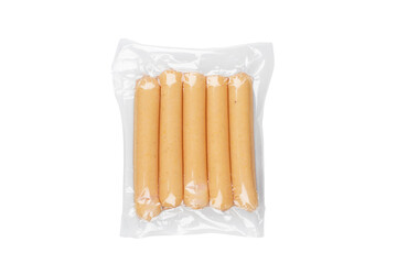 Sausages in vacuum plastic packaging isolated on white background. Vacuum transparent packaging with fresh sausages. A pack of sausages in a vacuum isolated.