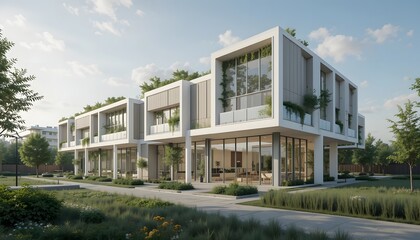 Modern architectural building with greenery and large windows.