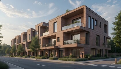 Obraz premium Modern brick apartments with landscaped surroundings under a clear sky.