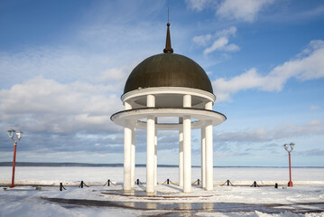 Gazebo on the embankment of Lake Onega. Petrozavodsk, Republic of Karelia, Russia