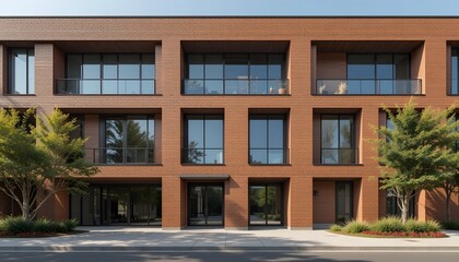Modern architectural building with wooden facade and greenery.