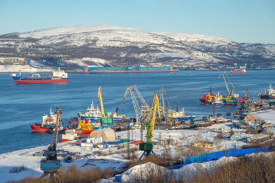 MURMANSK, RUSSIA - MARCH 11, 2025: View of the Murmansk port on a winter day