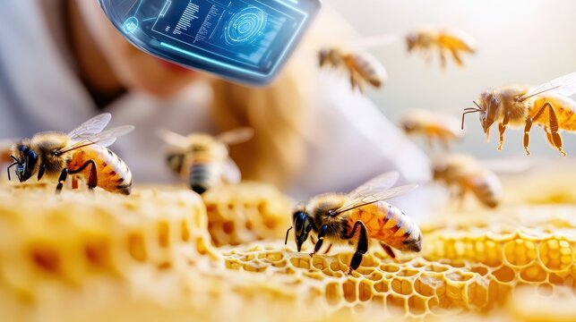 Busy Bees Working On Honeycomb With Futuristic Overlay. - Powered by Adobe