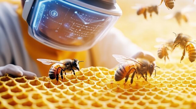 Futuristic Beekeeper Observing Bees On Honeycomb Panel.