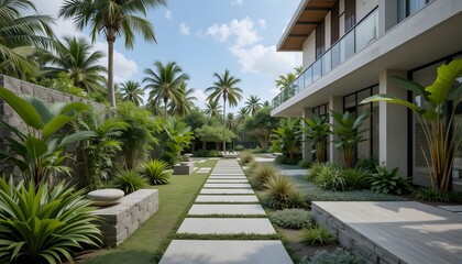 Fototapeta premium Serene garden pathway leading to a modern home surrounded by lush greenery.