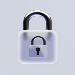 Modern 3D icon featuring a floating bank card and a security padlock. The bank card is made of frosted glass with a minimalistic design
