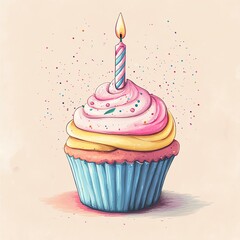 A colorful cupcake with frosting and a candle, perfect for celebrations and birthdays.