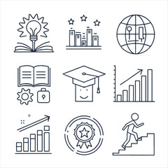 Set of line icons related to upskill, upskilling, personal growth, development, education, career. Editable stroke. Vector silhouette.