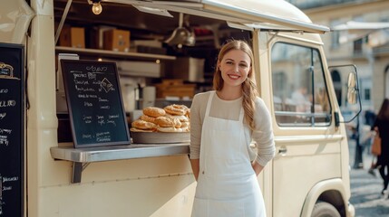 A cheerful vendor stands proudly by her food truck, showcasing a selection of mouth-watering pastries. The vibrant atmosphere and warm sunlight add to the inviting experience