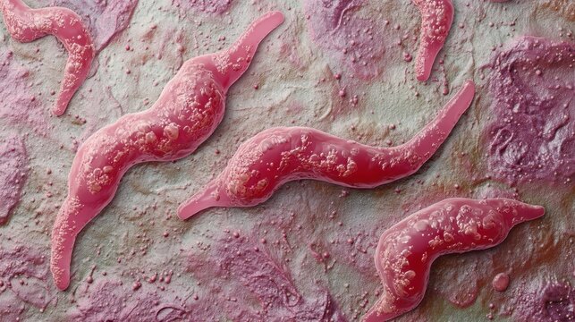 Pink trypanosoma parasites are shown on textured background in this illustration. For illustrating parasitic diseases, medical research, or scientific presentations.
