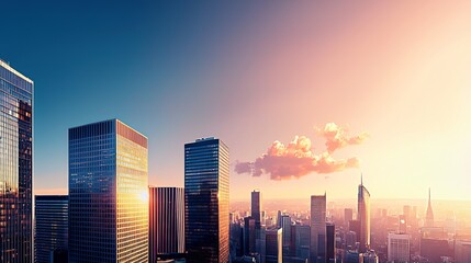 Fototapeta premium Sunset cityscape panorama with modern skyscrapers.