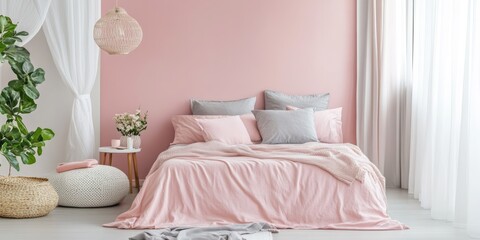 A beautifully decorated bedroom with pink walls and comfortable bedding