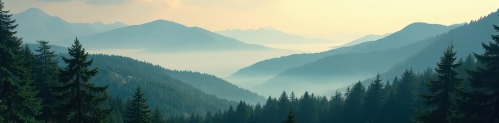 Obraz premium Misty mountain fir forest, vintage film grain effect, wood, dark, grain
