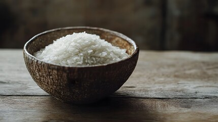 White Rice in a Wooden Bowl on a Table