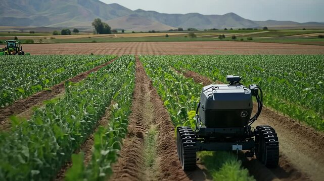 In a sunlit field, advanced robots move between rows of vibrant crops, meticulously tending to the plants. This highlights the blend of technology and sustainable farming practices.