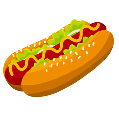 A colorful digital illustration of a delicious hot dog in a sesame bun, topped with mustard, fresh letuce, and sausage.
