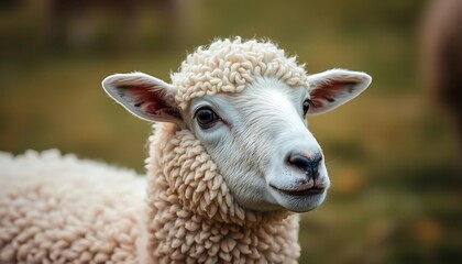 Obraz premium Close up portrait of a beautiful white sheep on a field