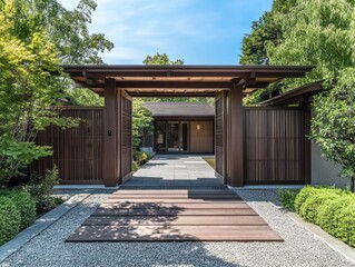 Obraz premium A beautiful wooden gate leads to a modern house entrance