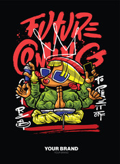 Future Coming A dynamic graffiti character illustration with layered shapes and a 3D depth effect, bringing an energetic and eye-catching urban look. Ideal for T-shirt graphics, street art-inspired br