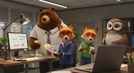 Adorable cartoon animals working in modern office setting 3d fox owl fun bear team cute data happy