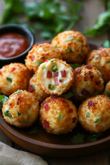 Fototapeta premium Crispy jalapeno popper cheese balls with bacon, garnished with fresh parsley, served with a spicy dipping sauce.