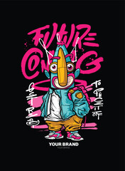 Fototapeta premium Future Coming A dynamic graffiti character illustration with layered shapes and a 3D depth effect, bringing an energetic and eye-catching urban look. Ideal for T-shirt graphics, street art-inspired br