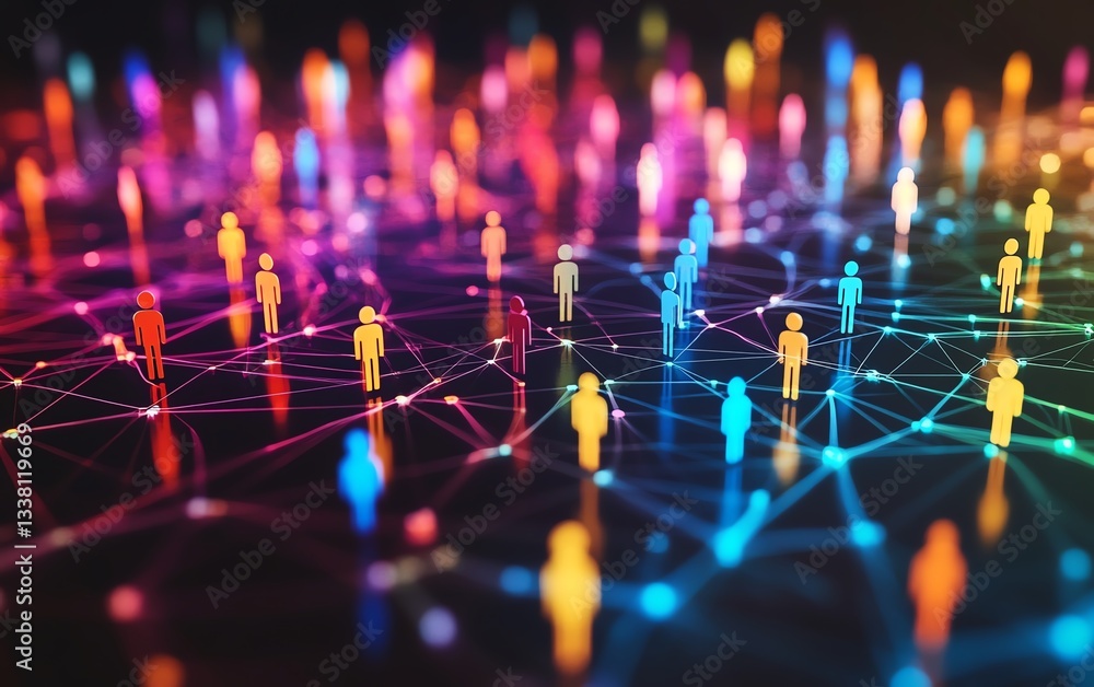 Poster colorful digital network of figures representing social media interactions