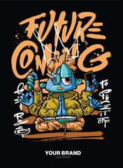 Future Coming A dynamic graffiti character illustration with layered shapes and a 3D depth effect, bringing an energetic and eye-catching urban look. Ideal for T-shirt graphics, street art-inspired br