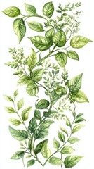 Beautiful watercolor painting depicting a delicate branch with lush green leaves in nature