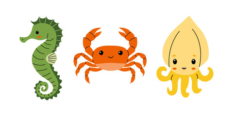 Cartoon marine animals set illustration of seahorse crab and squid on isolated white background