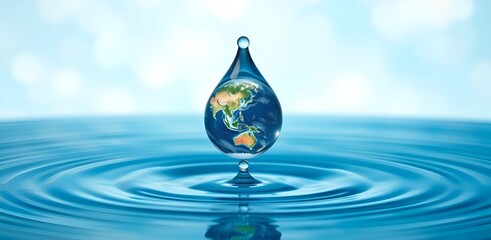 World Water Day: A Water Drop Shaped Globe Descending onto a Blue Ocean Background.