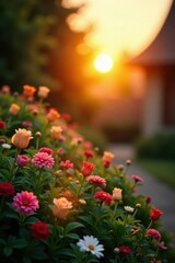 Fototapeta premium Soft sunset light illuminates calming garden plants , landscape, stillness