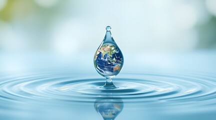 World Water Day: A Water Drop Shaped Globe Descending onto a Blue Ocean Background.