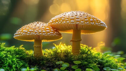 Enchanting Mushrooms with a Golden Hue Illuminating Woodland Moss Scenery